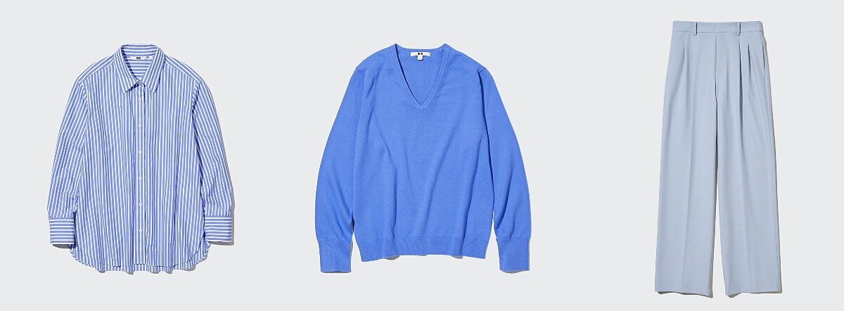 女裝：458261 棉質條紋襯衫NT$990、454762可機洗棉質V領針織衫 NT$990 、456116打褶寬褲NT$1,290。