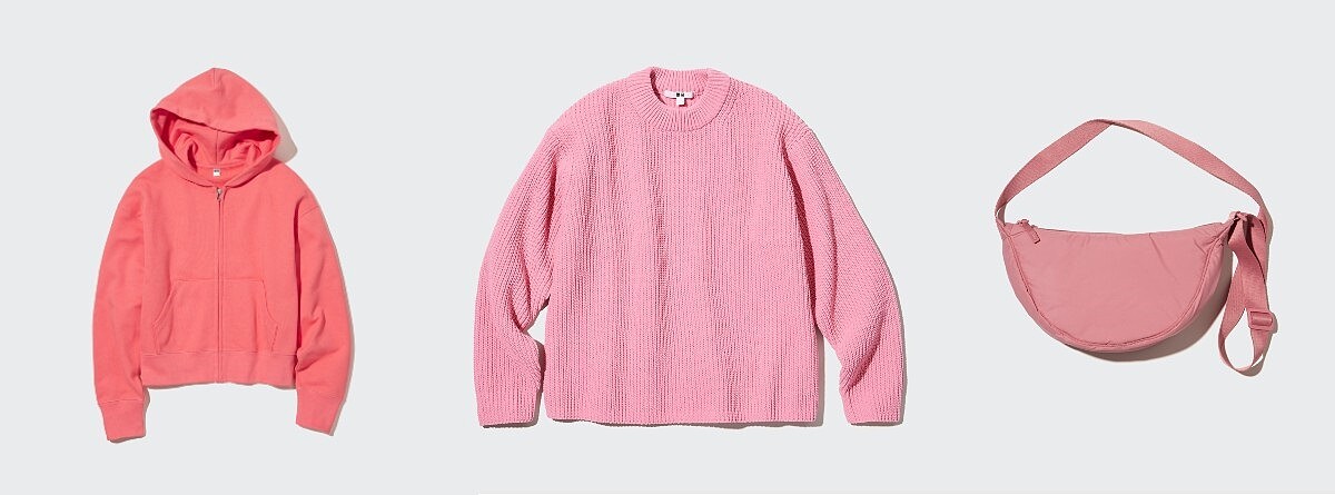 女裝：456041休閒連帽外套NT$990、454754可機洗柔軟圓領針織衫NT$990、457244弧形迷你肩背包NT$390。