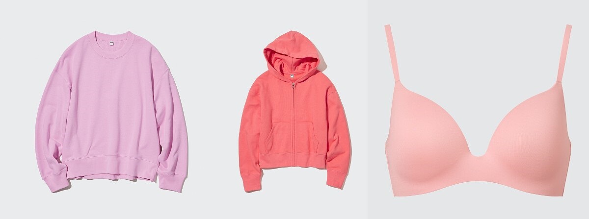 女裝：455727休閒圓領上衣NT$990、456041休閒連帽外套NT$990、455203無鋼圈美型胸罩(3D包覆) ) NT$790。