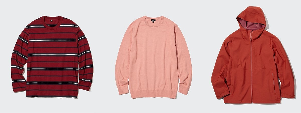 男裝：453626條紋圓領T恤NT$390、453760可機洗棉質圓領針織衫NT$990、449614 BLOCKTECH防風雨連帽外套(3D剪裁) NT$1,990。