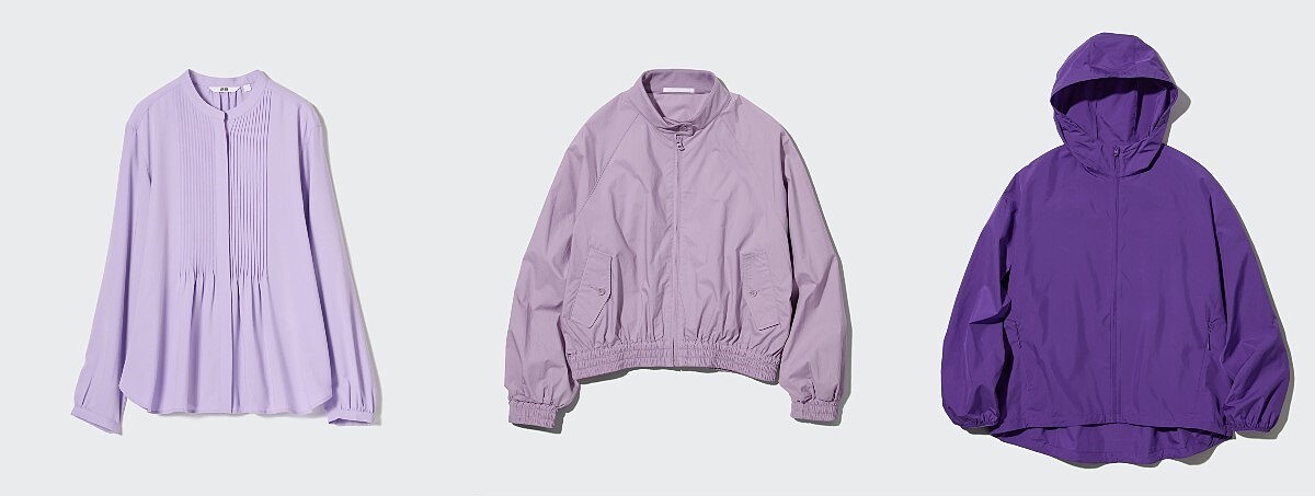 女裝：455735嫘縈細褶上衣NT$990、456091棉質短版布勞森外套NT$1,490、456087可攜式防曬抗UV連帽外套NT$1,290。