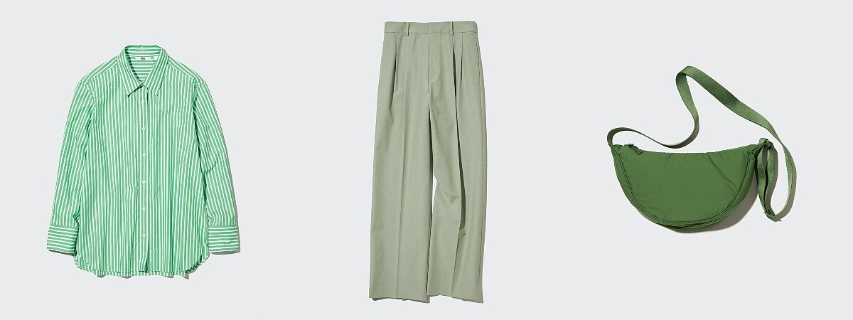 女裝：458261棉質條紋襯衫NT$990、456116打褶寬褲NT$1,290、457244弧形迷你肩背包NT$390。