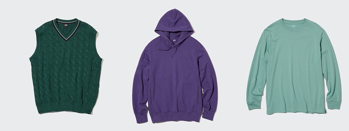 男裝：456315 V 領針織背心NT$990、455395休閒連帽上衣 NT$1,290、453754可機洗米蘭羅紋圓領針織衫NT$1,290。