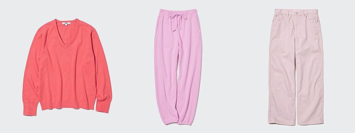 女裝：454762可機洗棉質V領針織衫) NT$990、455730女裝休閒長褲NT$990、454350寬版牛仔褲 NT$1,290。