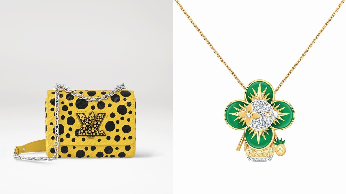 LV&times;草間彌生黃色鍊帶肩背包 NT162,000（台北101獨家首賣）、Vivienne Pineapple吊墜 NT1,150,000（台北101獨家）。