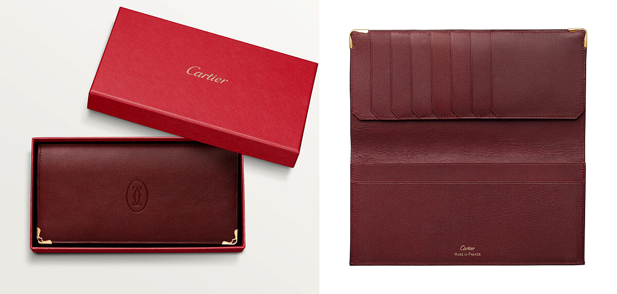 Must de Cartier男士長夾酒紅色小牛皮，金色鍍層飾面，低調質感佳作。