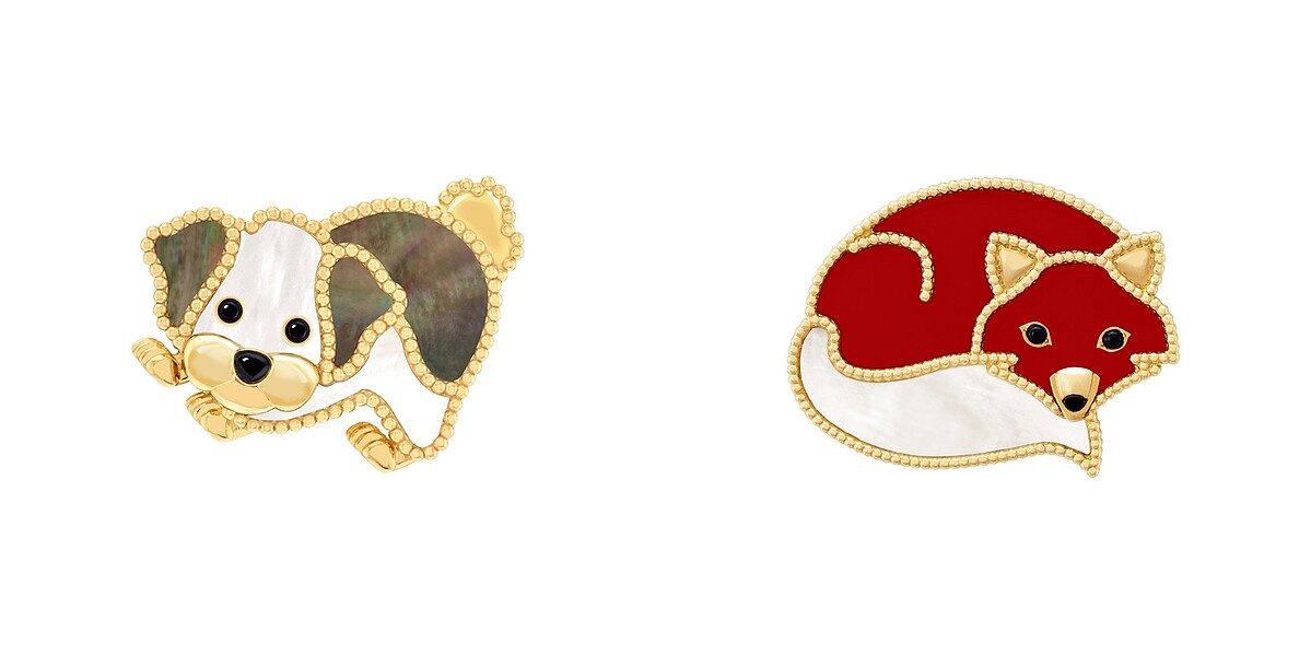 Lucky Animals Bichon Fris&eacute;胸針(黃K金、灰色珍珠母貝、白色珍珠母貝與縞瑪瑙)、Lucky Animals Fox 胸針(黃K金、紅玉髓、白色珍珠母貝與縞瑪瑙)。