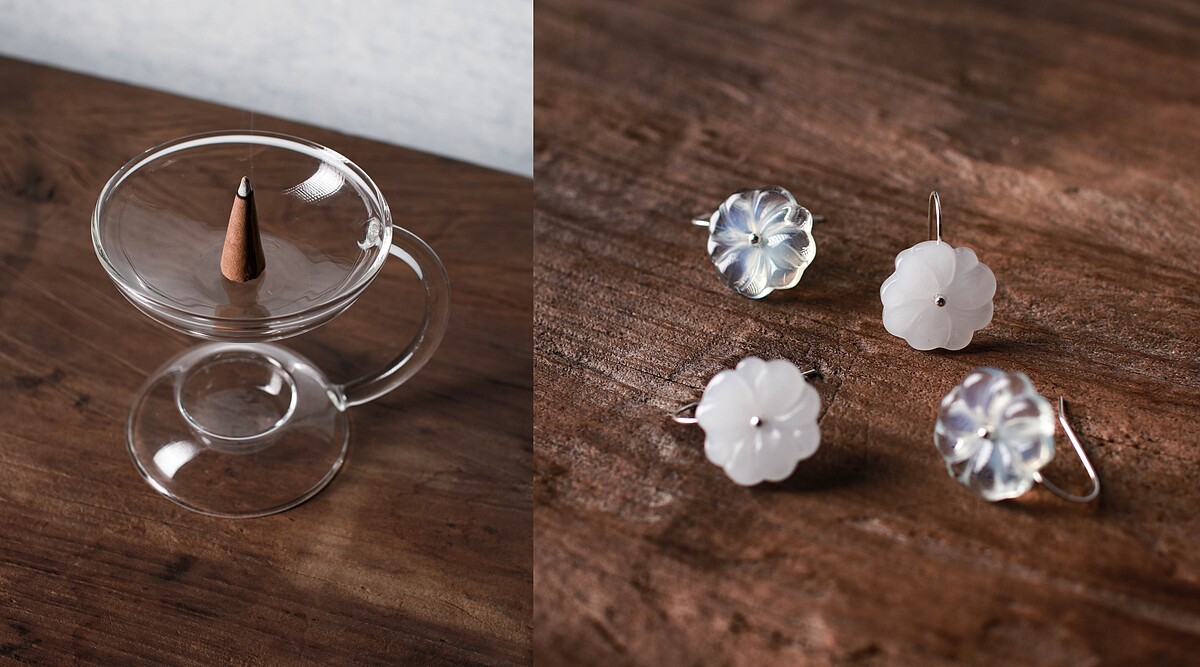 （左圖）推薦風格選物「玻璃燒台」讓品香安全、也更具儀式。（右圖）花朵造型耳飾，隨著步伐折射低調亮光，在細節展現復古女子婉約之美