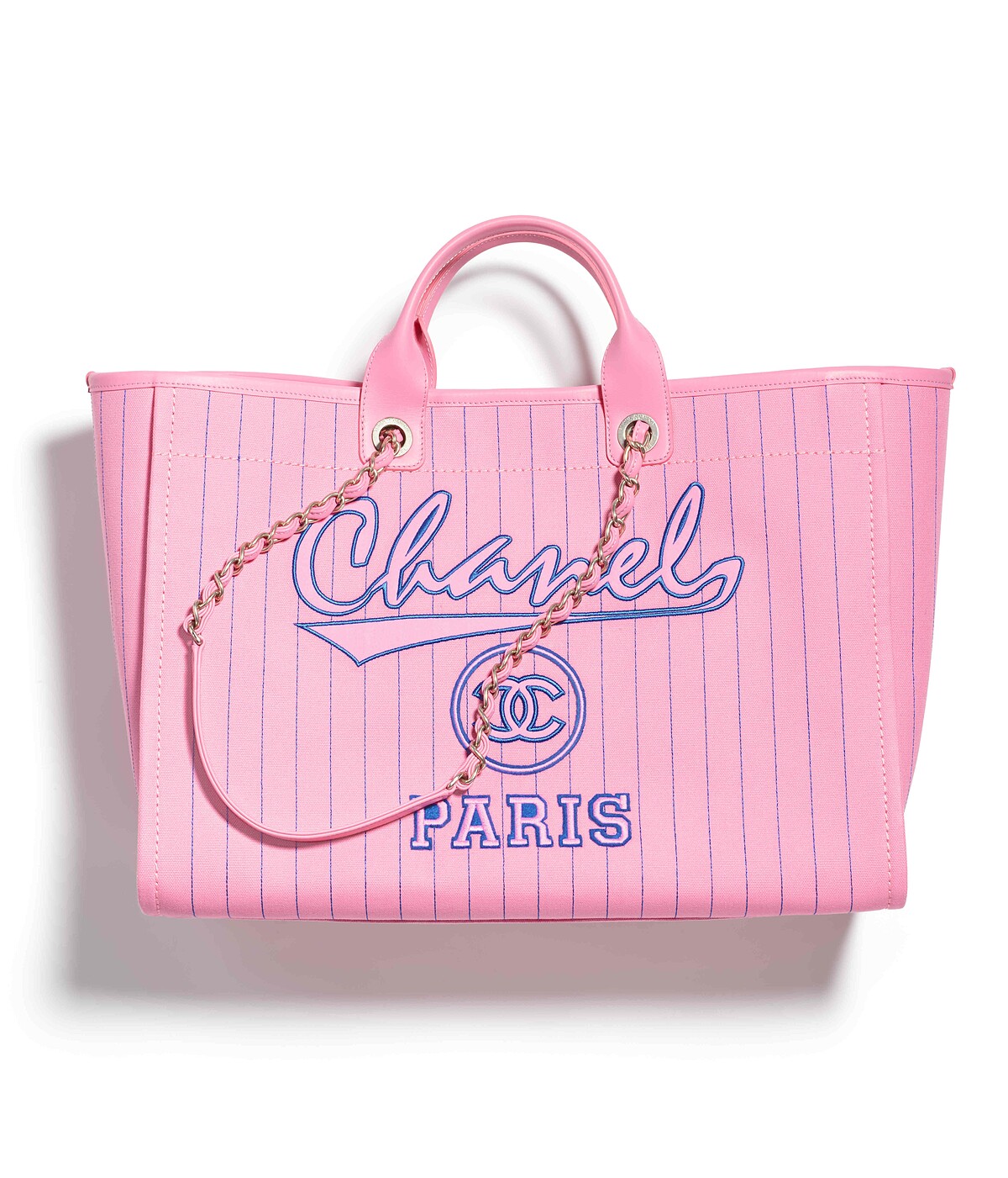 粉色帆布條紋皮穿鍊大型購物包，NT 150,000