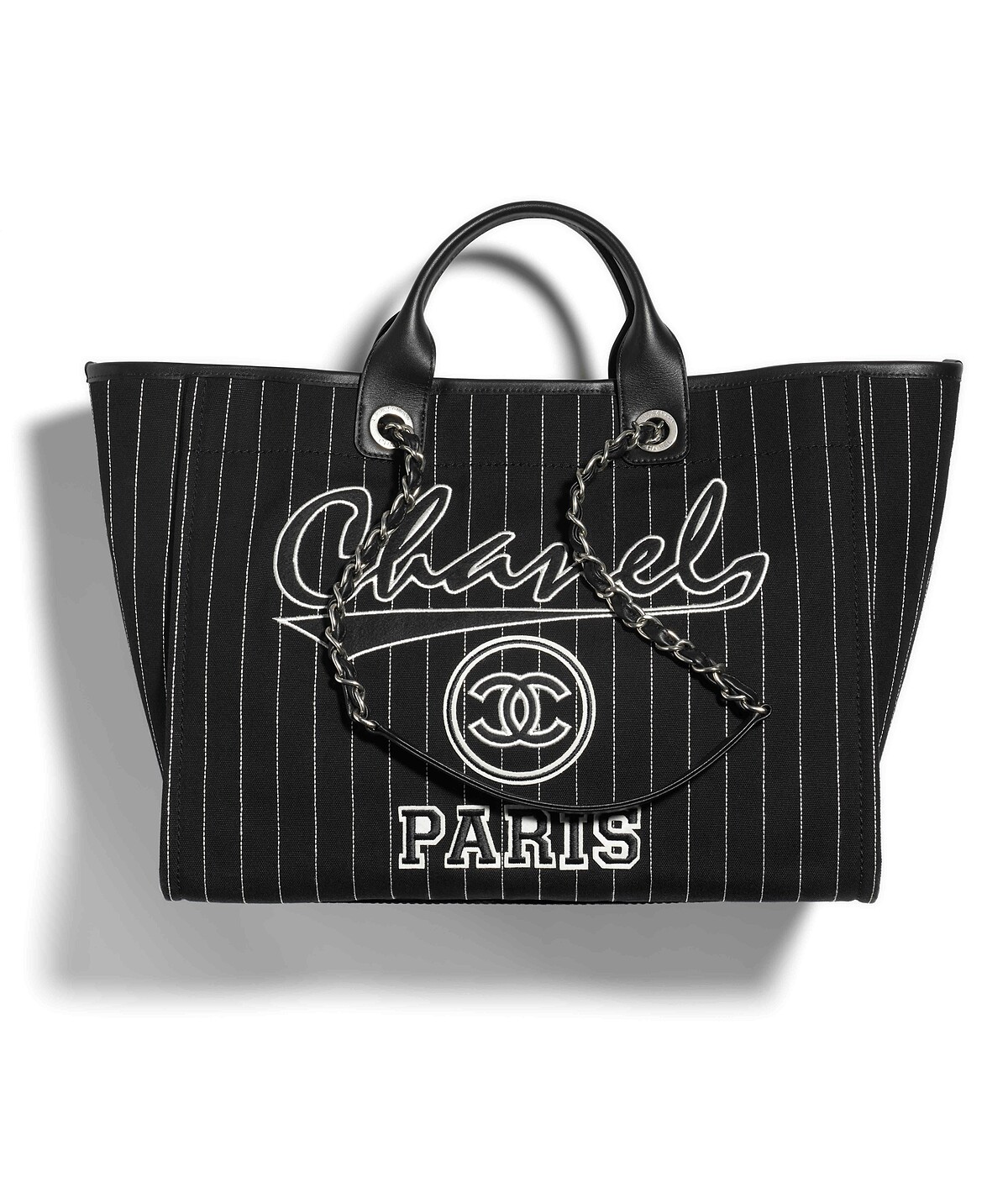 黑色帆布條紋皮穿鍊大型購物包，NT 150,000