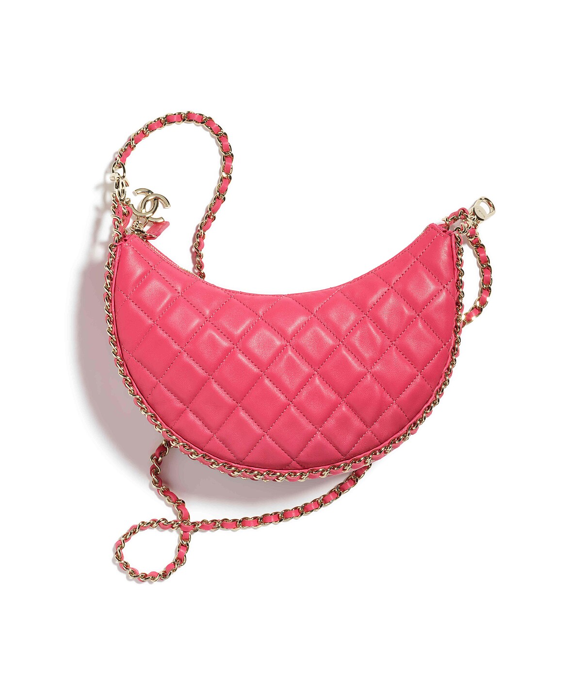 深粉色皮革菱格紋皮穿鍊肩背包，NT 140,300