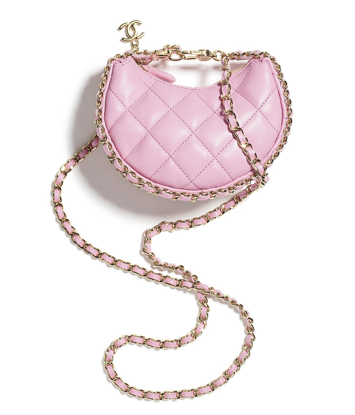 粉色皮革菱格紋皮穿鍊肩背小包，NT 120,300