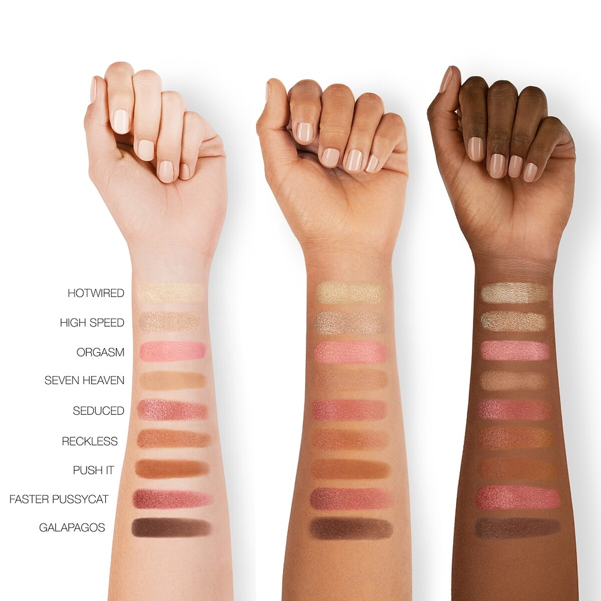 NARS純慾高潮9色眼彩盤手部刷色圖。