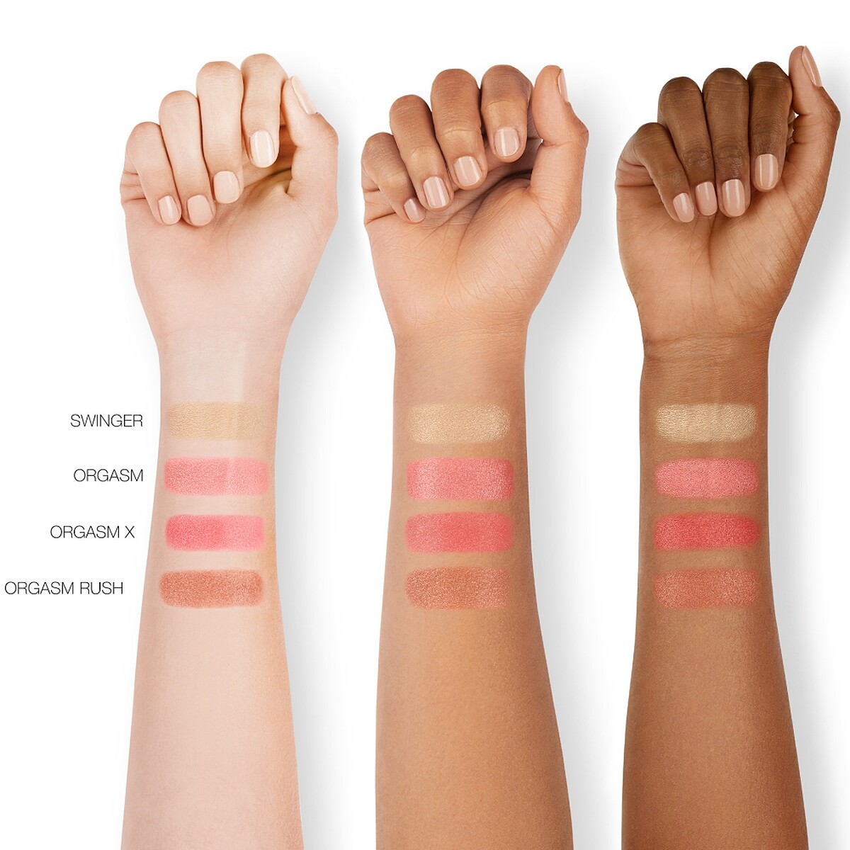 NARS純慾高潮4色頰彩盤手部刷色圖。