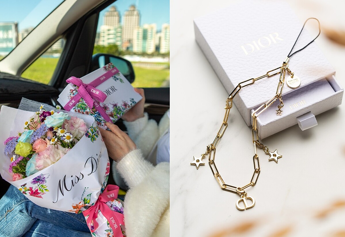 DIOR線上旗艦店情人節贈禮包裝與滿額花束禮。右圖為官網單筆3000元滿額禮-迪奧燦金幸運星手機鍊