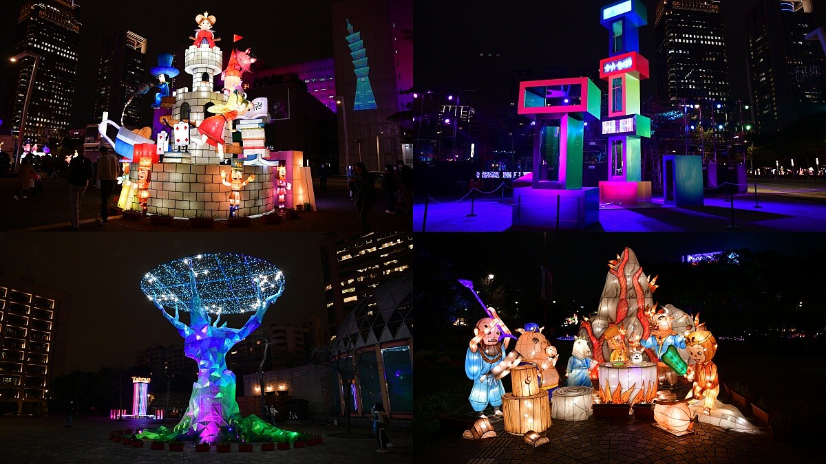 中央展區作品：愛麗絲夢遊仙境、永續之樹、躍動未來、西遊記