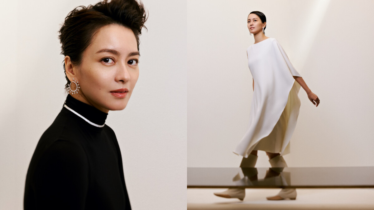 左／黑色高領長洋裝、黑色褲襪長靴BALENCIAGA 太陽圈型耳環、密鑲頸鍊meteor double finger ring、雷地恩永恆鑽戒 SHEE&rsquo;S FINE JEWELRY；右／白色洋裝、平底麂皮長筒靴HERMES 流蘇梨形鑽耳環、雷地恩永恆鑽戒SHEE&rsquo;S FINE JEWELRY