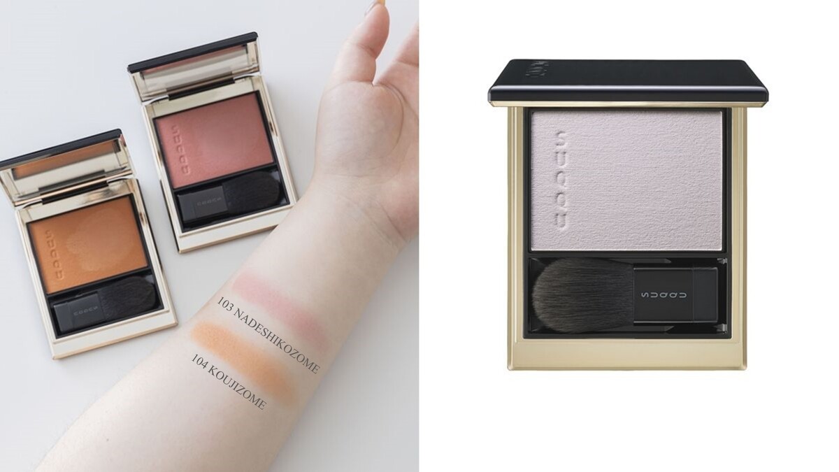 左圖：SUQQU晶采光潤頰彩#103撫子染、#104柑子染 各NT$2,100 右圖 SUQQU晶采光潤頰彩 #01瑞泡 NT$2,100