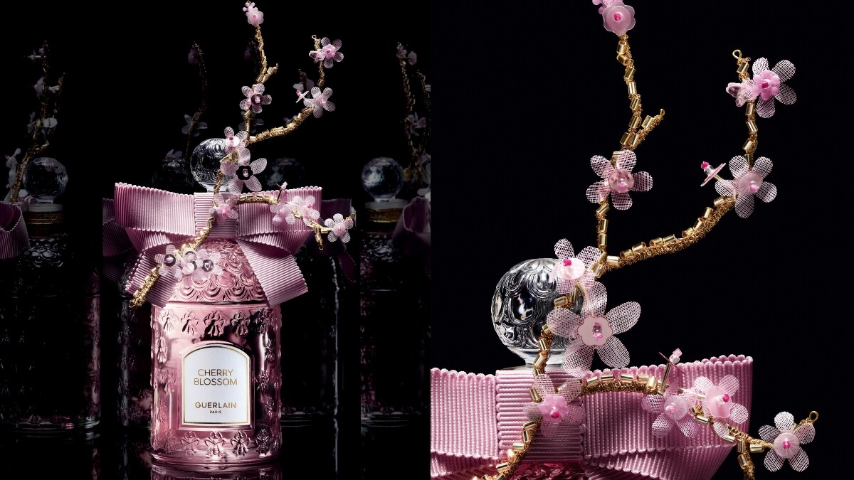 嬌蘭花冠粉櫻淡香水金絲飾繡蜂印瓶視覺。