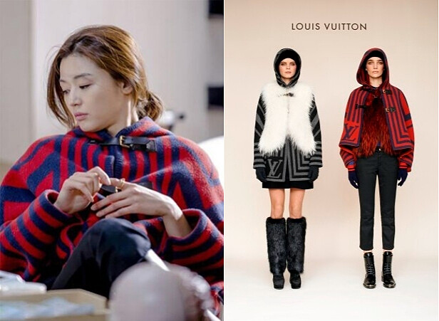 劇中千頌伊(全智賢 飾)身穿這件LV斗篷與家居服,看似淩亂隨意的頭髮卻很恰當的中和了斗篷帶來的過大氣場! Louis Vuitton Prefall 2013 Icon collection 印花披肩
