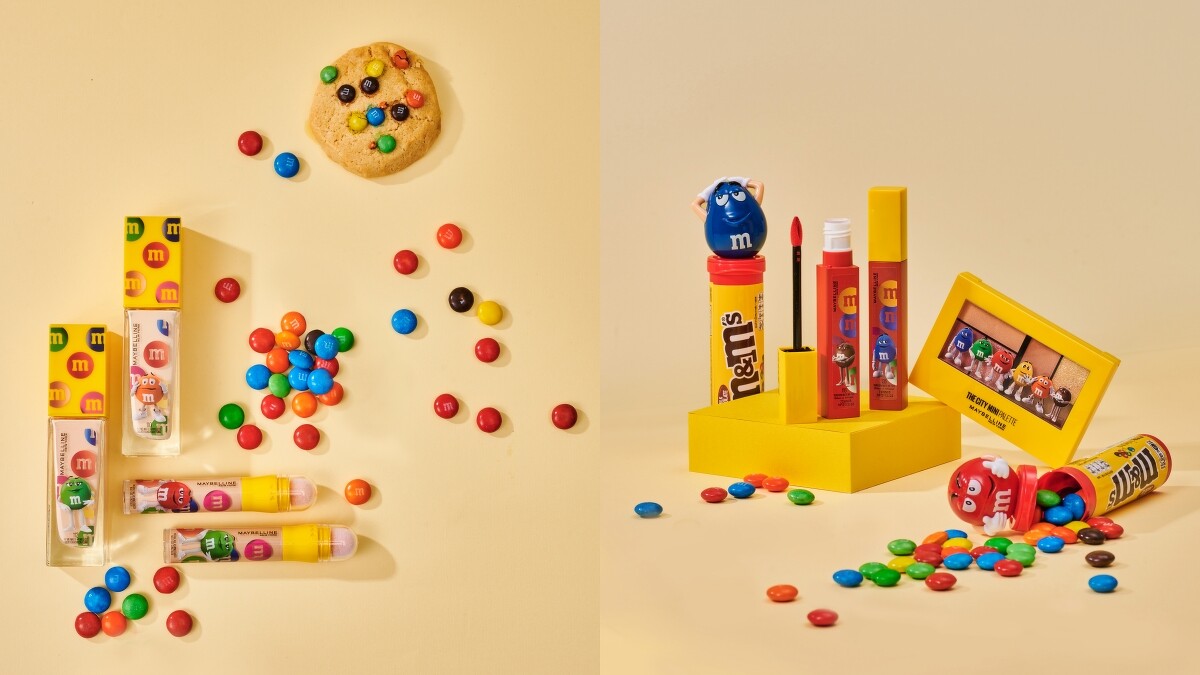 媚比琳X M&M’S巧克力聯名彩妝產品情境圖。