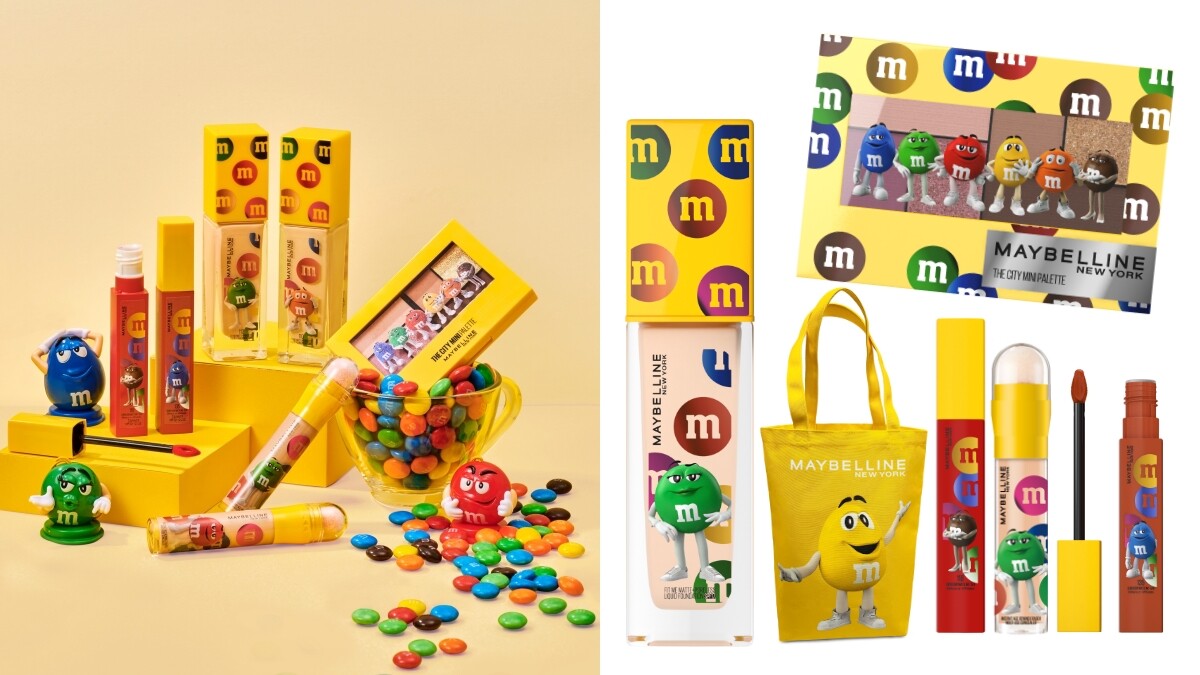 媚比琳攜手M&amp;amp;M’S巧克力推出聯名彩妝，6色眼影盤可愛爆棚，周邊還有托特包與繽紛襪子