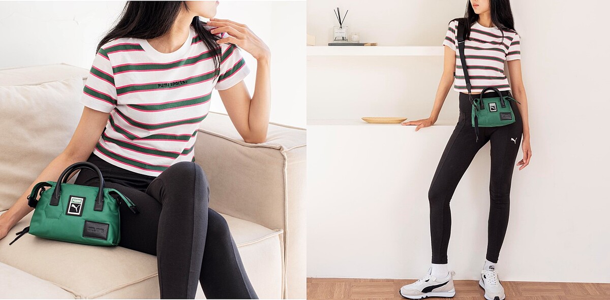 P.Team條紋短版短袖T恤(F)，NT1,180；NO.AVG手提小包，NT1,480；P.Team長褲，NT2,380；Rider FV 鞋款，NT2,980。