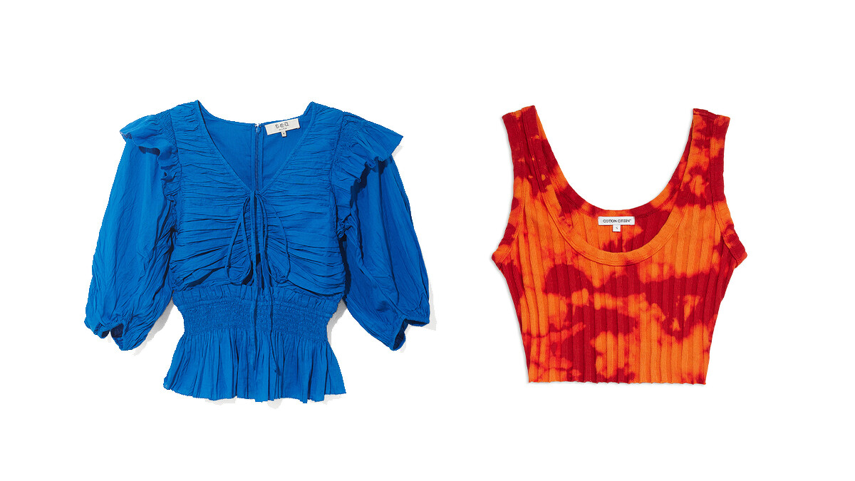 TAST BOUTIQUE Sea NY 深寶藍平行皺縫設計伸縮短袖衣，NT10,500、ASPORT COTTON CITIZEN 橘紅暈染針織背心，推薦價NT 3,780。