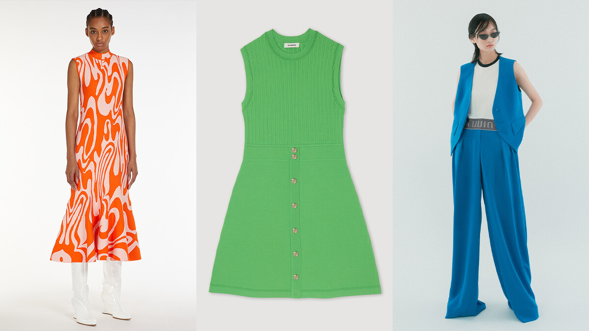 MaxMara 針織幾何印花洋裝，推薦價NT 46,800、SANDRO 金鈕釦造型針織洋裝，推薦價NT9,590、UUIN寶藍套裝洒落背心，推薦價NT7,880 + UUIN寶藍套裝洒落寬褲，推薦價NT7,680。