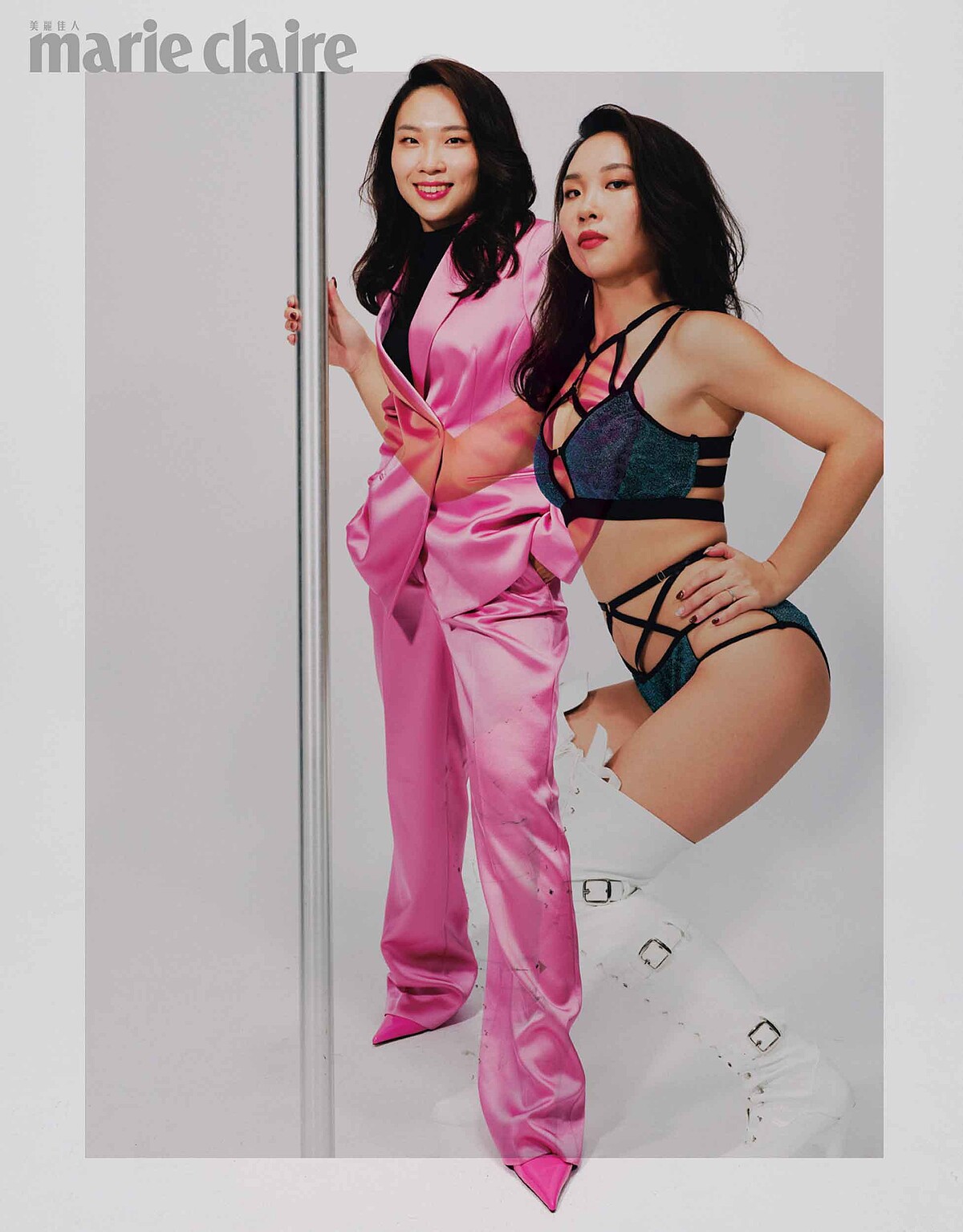 粉紅色西裝套裝、合身內搭針織衫、粉紅尖頭高跟鞋，all by H&M。