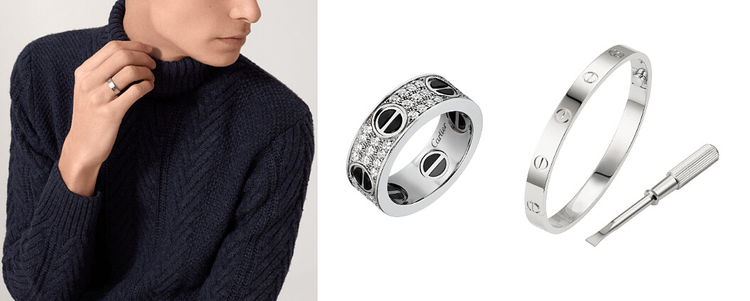 LOVE系列白金戒指、LOVE系列黑色陶瓷鋪鑲白金戒指、LOVE系列白金手環。
