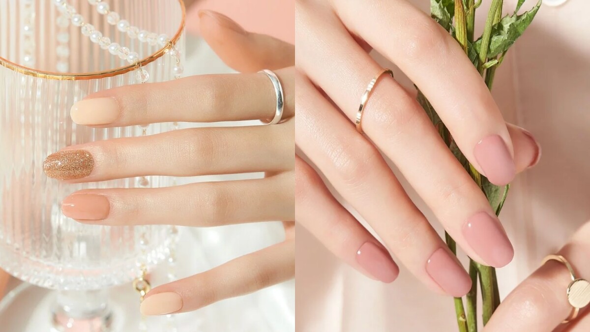 EDGEU凝膠美甲貼(左)#111 CHIFFON GLOW、(右)#110 ASH PINK。