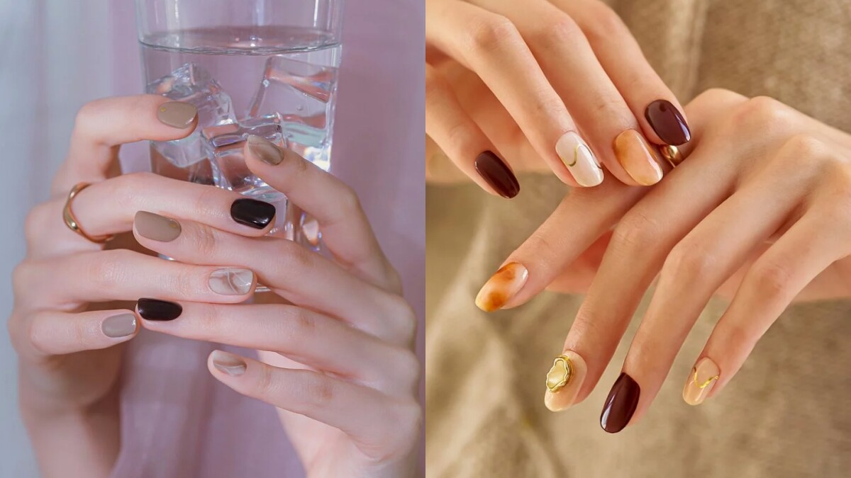 EDGEU凝膠美甲貼(左)#209 CHOCOLAT NUANCE、(右)#213 BLACK SUGAR MARBLE TOPPING。