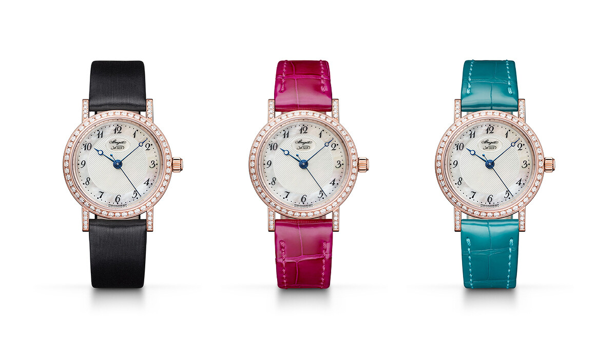 Classique Dame 8068腕錶(附上孔雀藍和莓粉紅鱷魚皮錶帶)，建議售價 NT876,000。