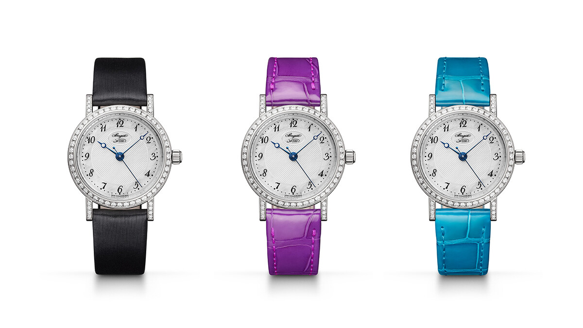 Classique Dame 8068腕錶 (附上藍綠色和拜占庭紫的鱷魚皮錶帶)，建議售價NT876,000。