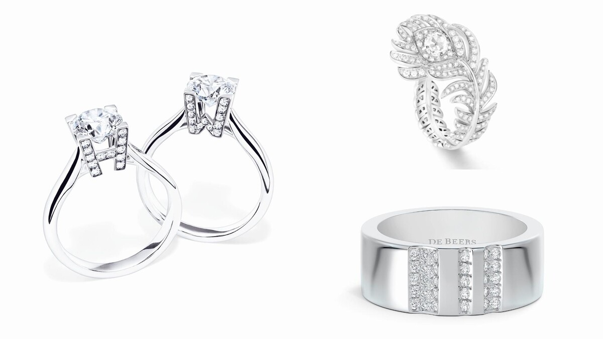 海瑞溫斯頓HW Logo系列極細微密釘鑲嵌底座鑽石戒指 (左)、Boucheron孔雀羽毛系列戒指 (右上)、全新De Beers RVL 18K白金鑽石戒指 (右下)。