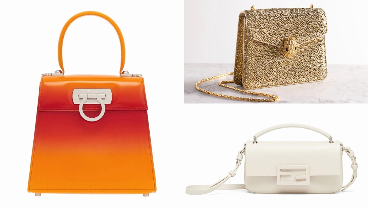 FERRAGAMO夕陽漸層皮革Top Handle手提包 (左)、BVLGARI SERPENTI FOREVER水晶星塵麂皮肩背包 (右上)、FENDI Mini Baguette (右下)。