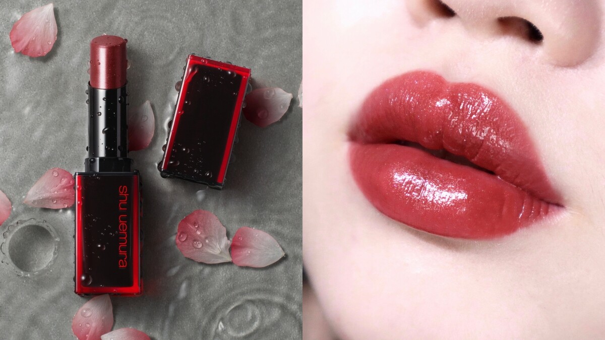 植村秀無色限鏡光唇膏AL PK384雨後櫻與唇部試色(IG@boring.66授權)。