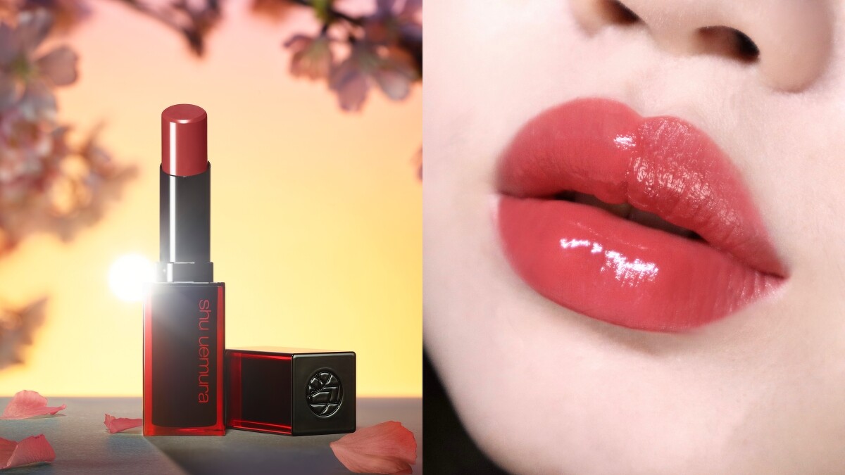 植村秀無色限鏡光唇膏AL BG973日暮櫻與唇部試色(IG@boring.66授權)。