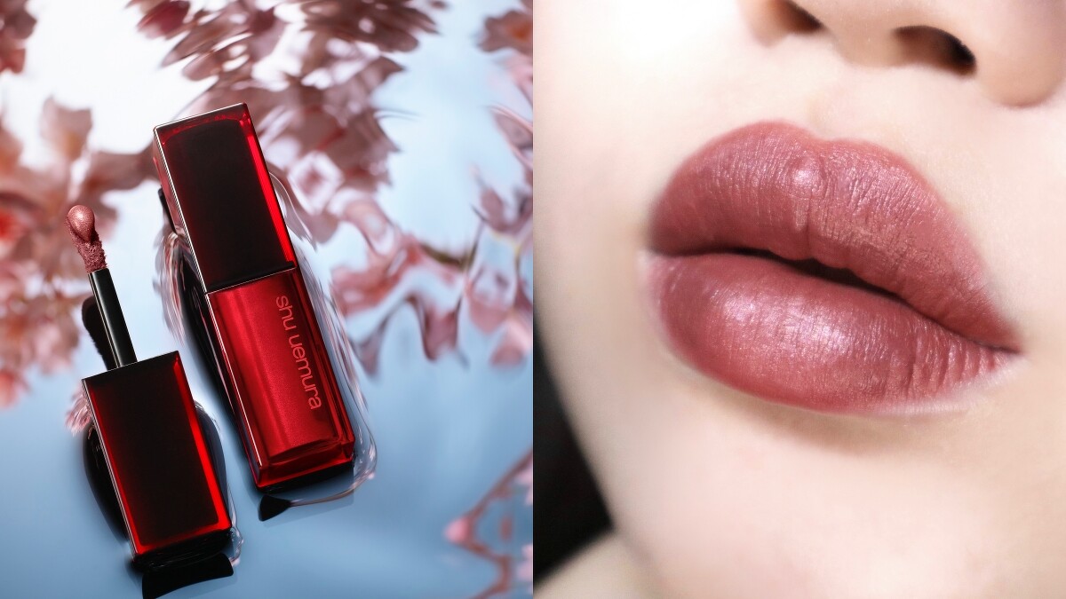 植村秀無色限持色霧唇釉BG947櫻川粉與唇部試色(IG@boring.66授權)。