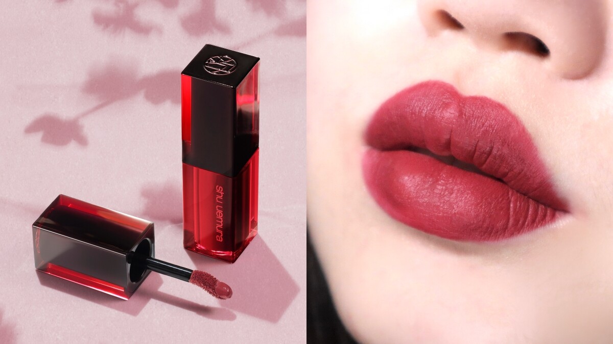 植村秀無色限持色霧唇釉PK386倒影櫻與唇部試色(IG@boring.66授權)。