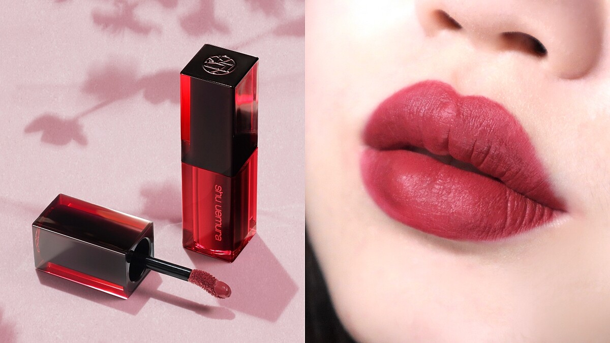 植村秀無色限持色霧唇釉PK386倒影櫻與唇部試色(IG@boring.66授權)。