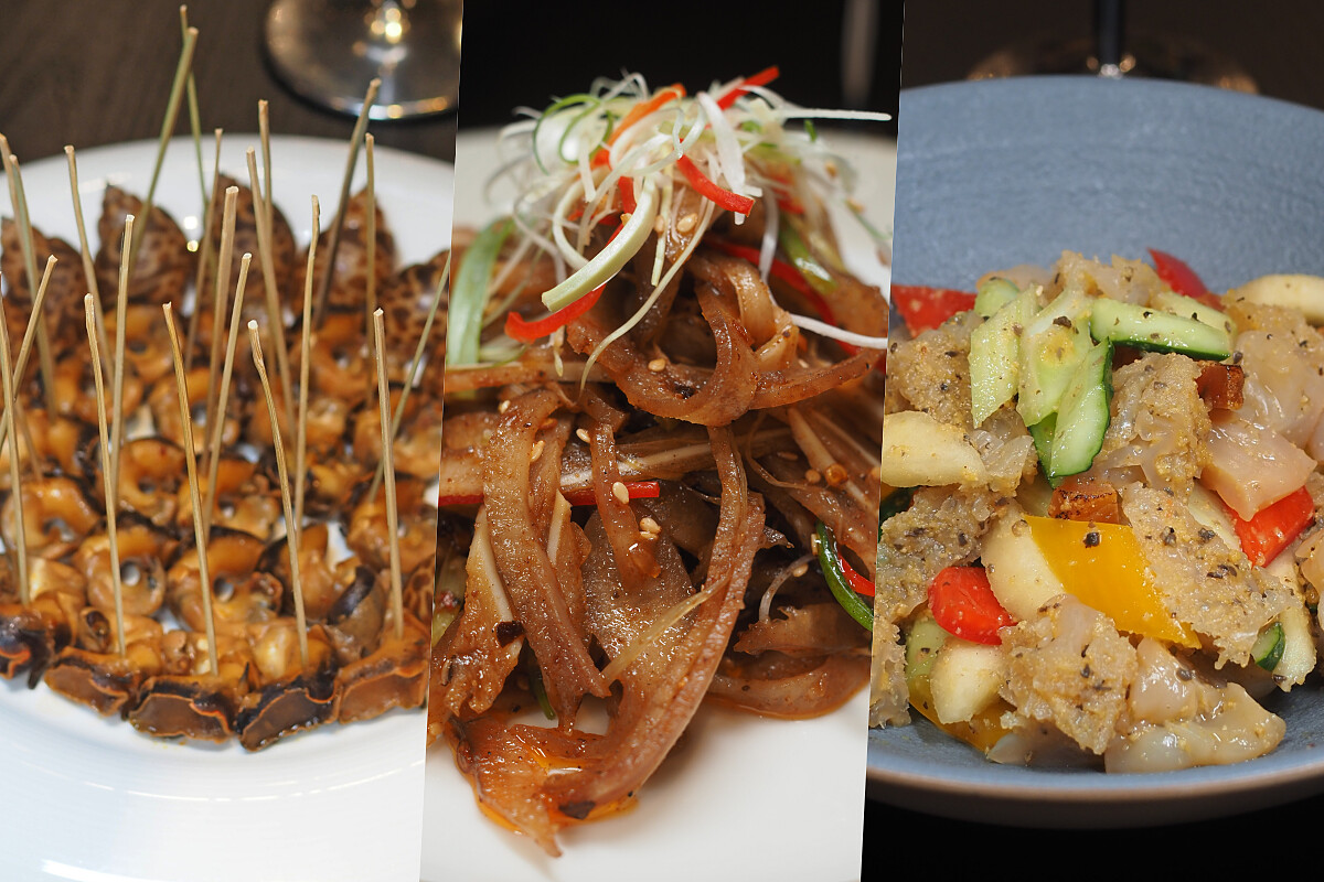 左起為「川椒汁泡鳳螺」「油潑辣籽拌耳絲」「松露烏魚子拌海蜇」。