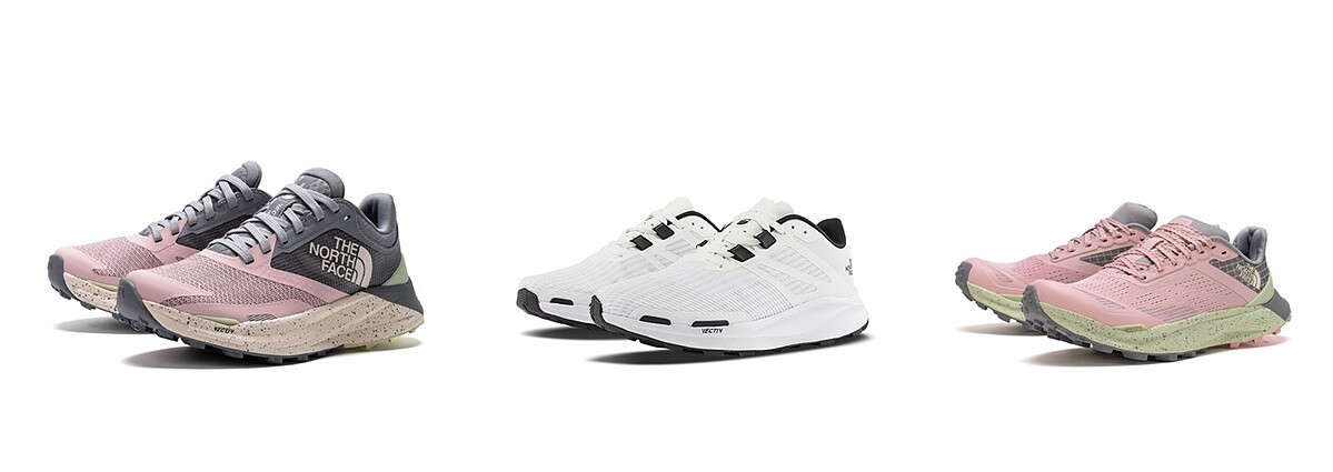 The North Face北面女款粉灰拼接VECTIV中底抓地野跑鞋，7W5PG9D，NT5,880；The North Face北面女款白色VECTIV中底抓地野跑鞋，5G3MLG5，NT4,380；The North Face北面女款粉灰撞色VECTIV中底抓地野跑鞋，7W5NG9D，NT7,380。