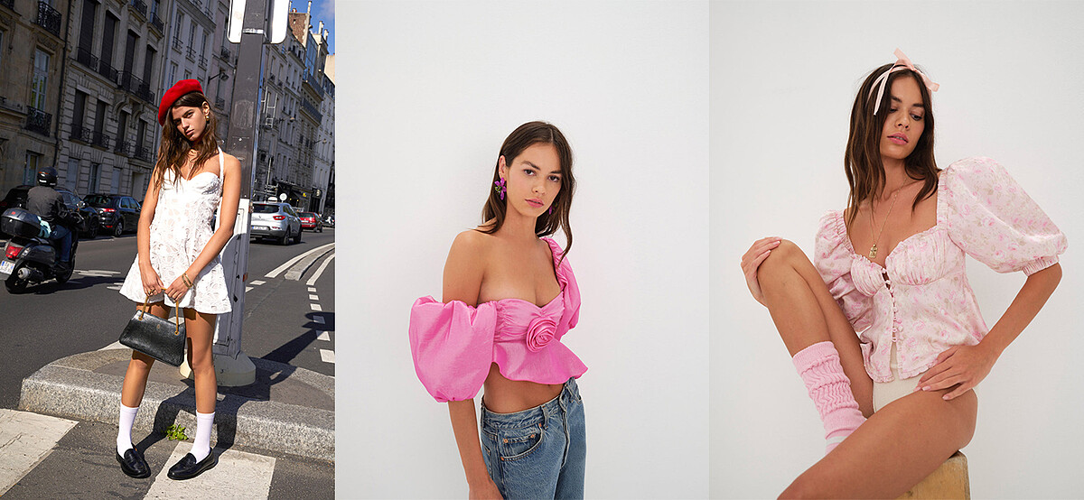 For Love & Lemons蕾絲洋裝,推薦價7,680;桃色玫瑰花上衣,推薦價6,480;粉色澎袖上衣,推薦價6,180。