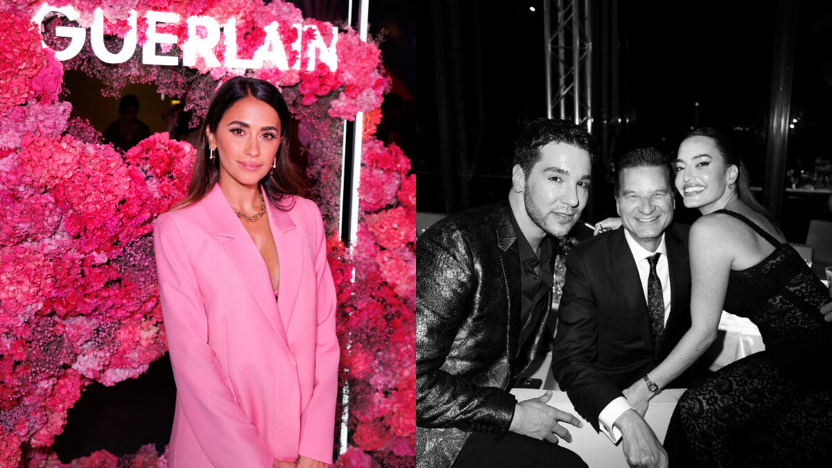 左：梅西嫂Antonella Roccuzzo出席嬌蘭藝術沙龍恣情茉莉淡香精上市晚宴／右：嬌蘭藝術沙龍恣情茉莉淡香精上市晚宴_嬌蘭首席調香師Thierry Wasser(中)與中東名媛Karen Wazen(右)