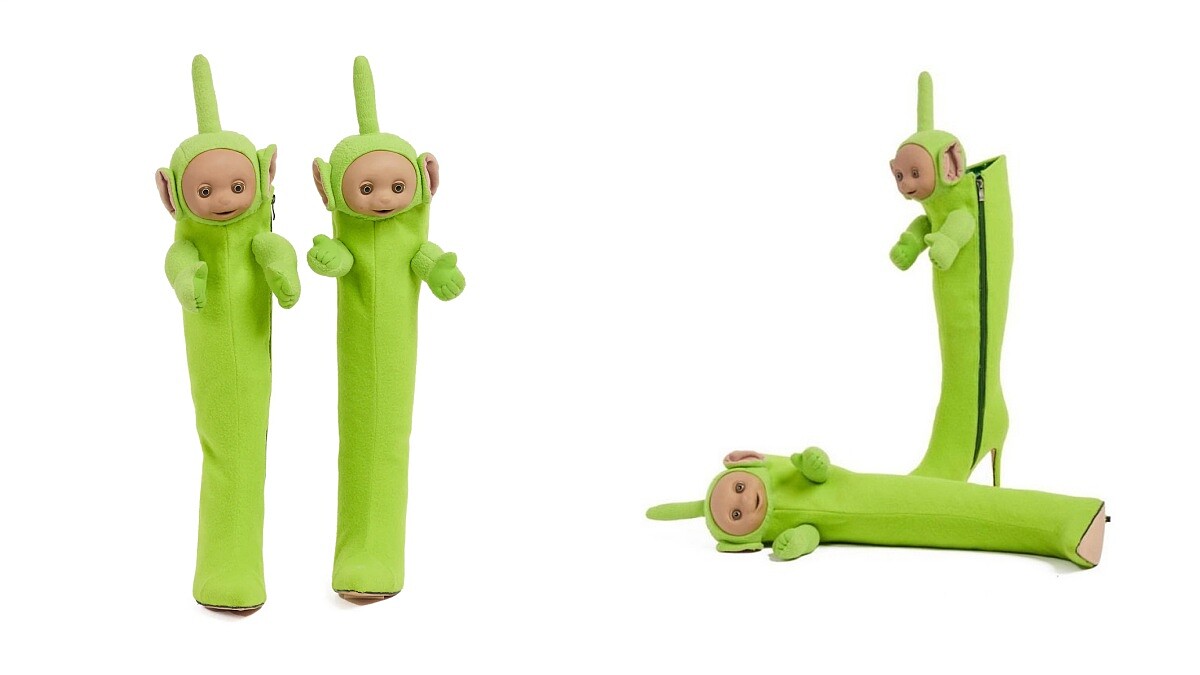 紐約設計師品牌找天線寶寶聯名打造螢光綠迪西長靴，安海瑟薇搶先穿上