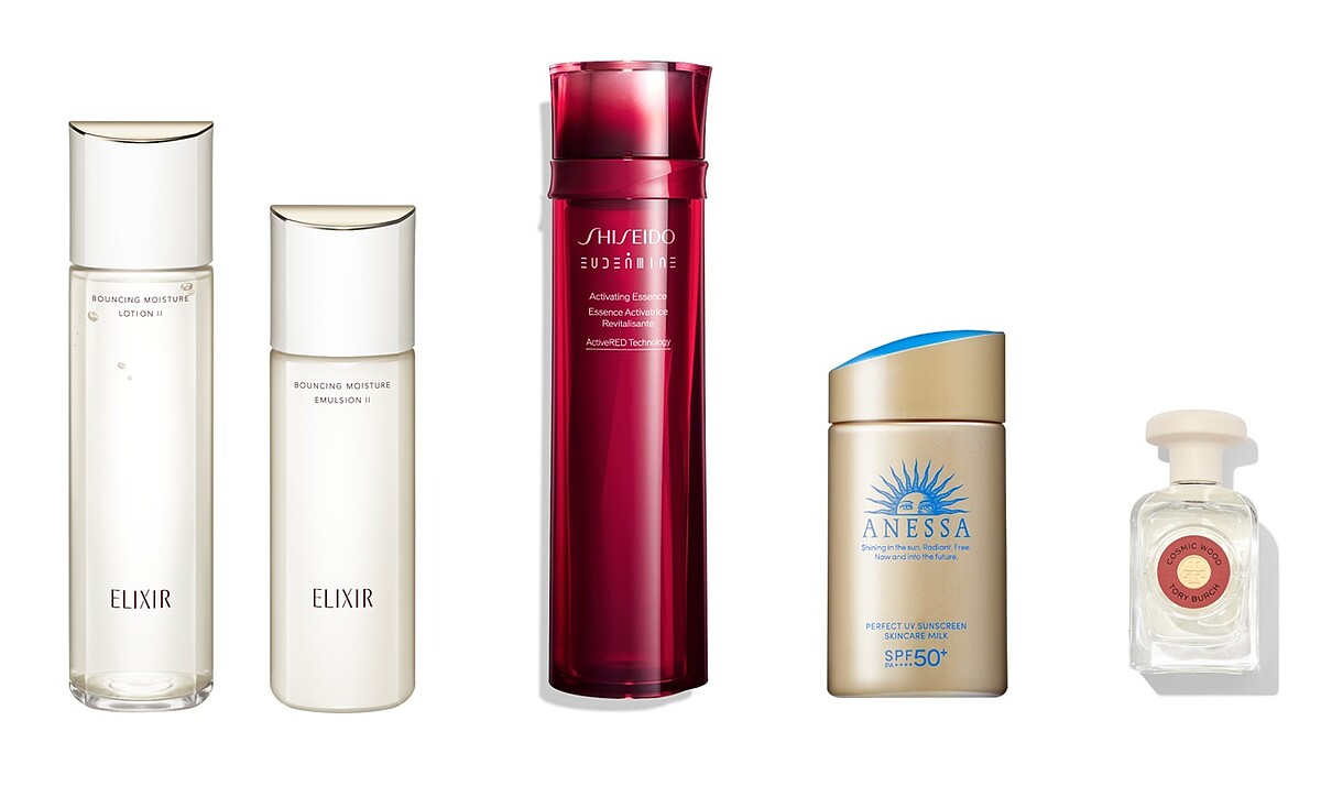 由左而右依序為:怡麗絲爾 膠原彈潤精華水/乳、資生堂國際櫃 紅色活酵超導奇蹟露、安耐曬金鑽防曬露、Tory Burch晨曦茉莉淡香精