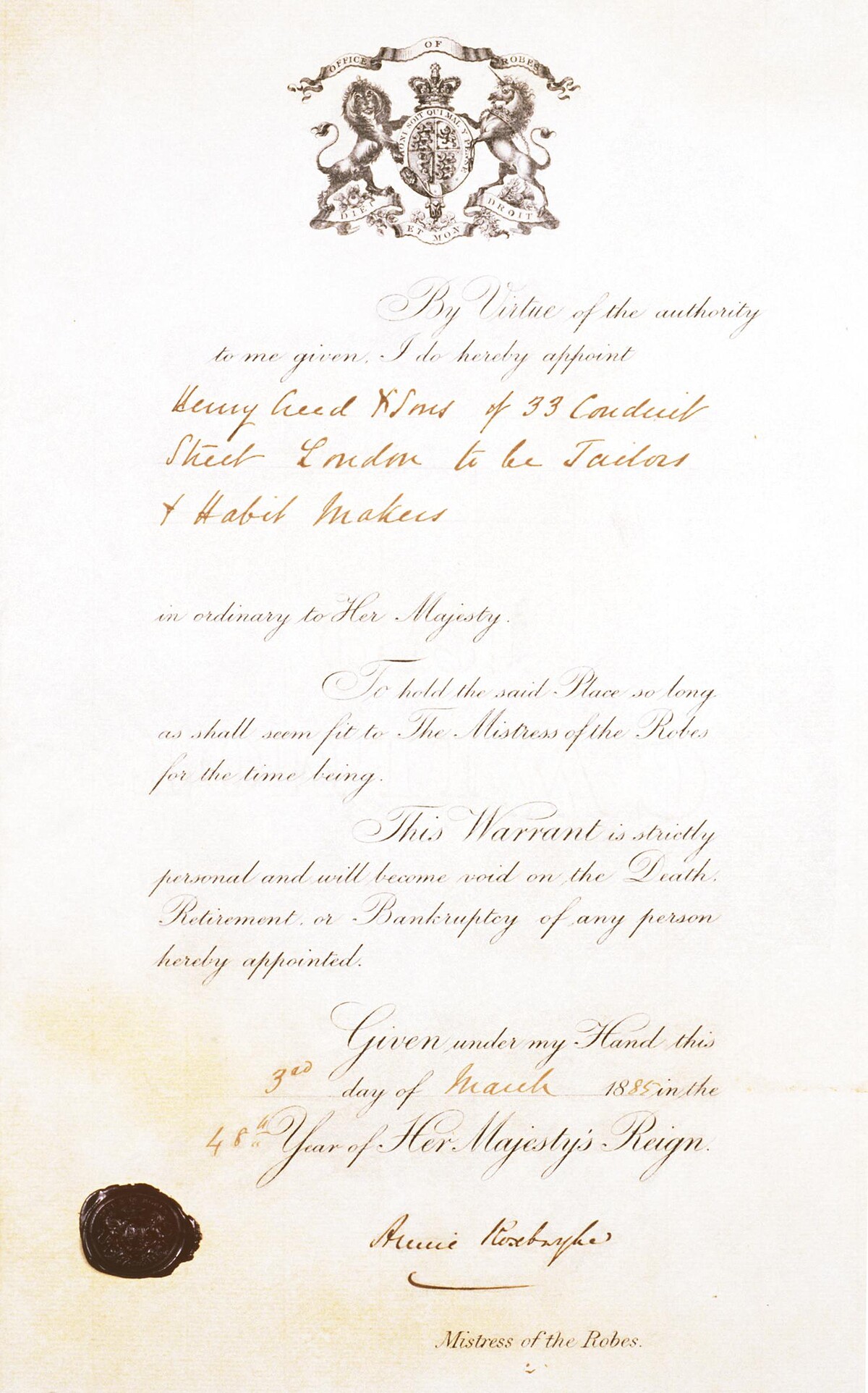 皇家授權書diplome anglais-1885年維多利亞女王頒發給CREED皇室認證狀