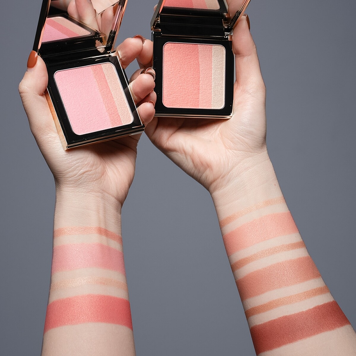 Bobbi Brown金緻漸層絢光腮紅手部試色，左邊由上至下# Blushed Pink、# Blushed Coral，(右)由上至下# Blushed Peach、# Blushed Bronze、# Blushed Burgundy。